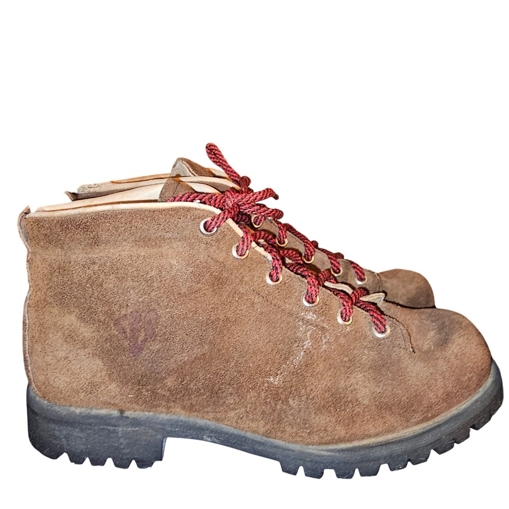 Vintage Vasque Made in USA Brown Suede Hiking Boots Vibram Sole Red Laces Sz 8.5